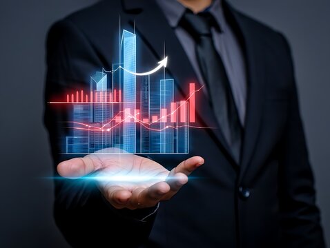 Businessman virtually touches a digital screen, symbolizing global communication and future technology