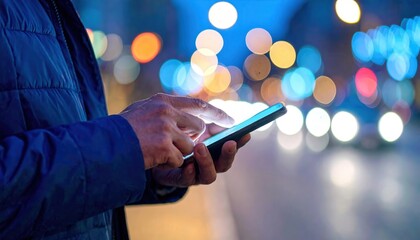 Person Using Smartphone at Night with Colorful Bokeh Background