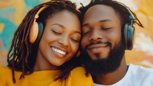 Cheerful Young Couple Enjoying Music with Orange Headphones Against Colorful Background