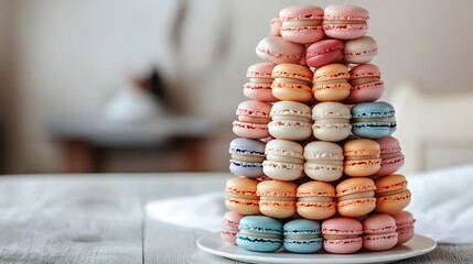 Colorful macaron tower in pastel shades French patisserie elegance white backdrop overlay cut out on isolated transparent removed background