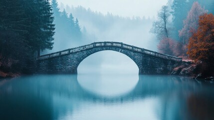 Stone Arch Bridge Over Calm Lake Waters in Mystical Forest Landscape Scene