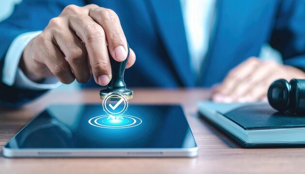 Digital Seal Stamping on Tablet by Judge with Court Gavel Present