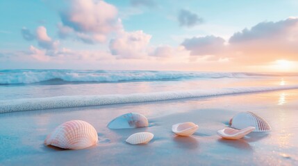  Smooth seashells lying on wet sandy beach during pastel sunset with soft clouds above horizon
Concept of tropical relaxation and beach serenity