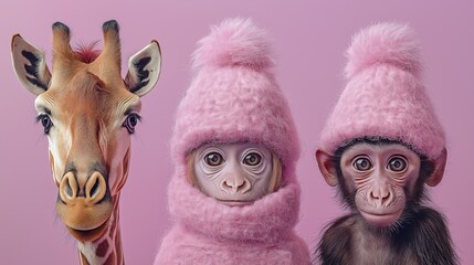  Cute baby monkey wearing pink wool hat and sweater next to giraffe and human in similar clothes, on pink background
Concept of funny animal-human fashion contrast