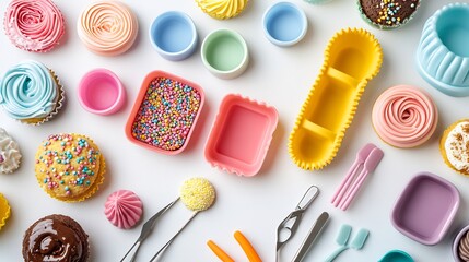 Colorful silicone baking molds on white surface cake decorating tools flat lay overlay cut out on isolated transparent removed background