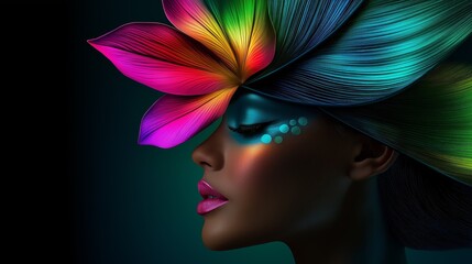 Dark-skinned woman with glowing skin and multicolor luminous flower on head in profile view, on black background