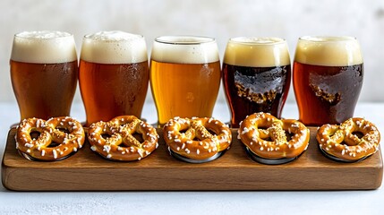 Beer flight with pretzels and mustard gourmet pub fare white backdrop overlay cut out on isolated transparent removed background