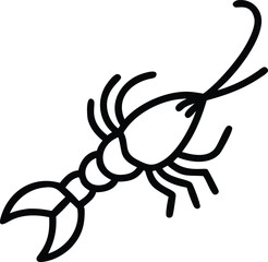 Black outline depicts a stylized shrimp with curved antennae on a white surface