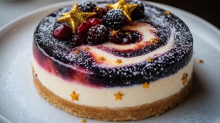 A galaxy swirl cheesecake with edible gold stars nebula colored berry compote and comet tail powdered sugar trails floating in zero gravity over white void cut out on isolated transparent background