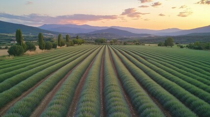 Fototapeta premium Aerial View of a Vibrant Green Agricultural Field Landscape at Sunset