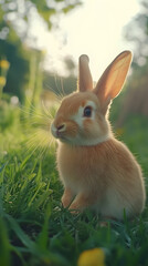 Fototapeta premium young rabbit sits quietly in a lush garden