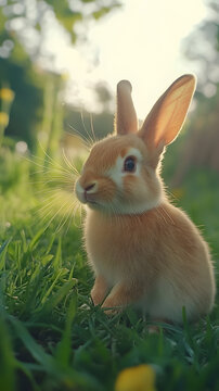 young rabbit sits quietly in a lush garden