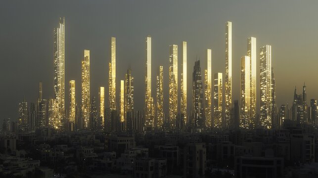 Surreal skyline where each tower is a bar of the global GDP chart