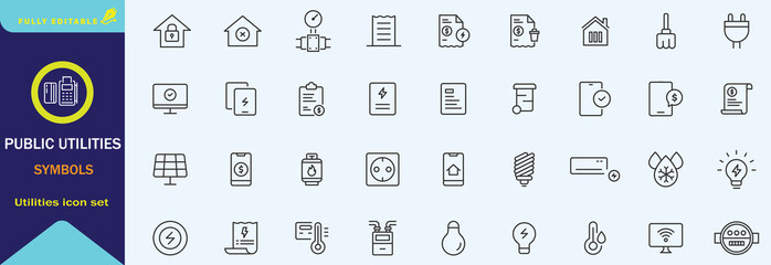 Public utilities web icons line set. Public Utilities Water, Fuel, Electricity, gas, garage, Solar House, Rent receipt, Maintainence, and More vector illustration