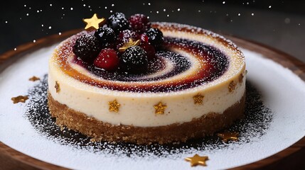 A galaxy swirl cheesecake with edible gold stars nebula colored berry compote and comet tail powdered sugar trails floating in zero gravity over white void cut out on isolated transparent background