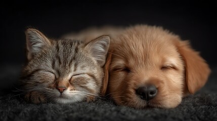Sleeping kitten and puppy