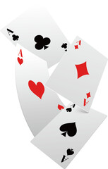 Ace four cards, spades, hearts, hearts, diamonds, clubs, cards floating in the air, cards falling from the sky, on a blank background