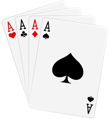 Four aces, playing cards spades, diamonds, clubs and hearts on white background, casino, blackjack