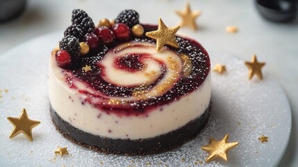 A galaxy swirl cheesecake with edible gold stars nebula colored berry compote and comet tail powdered sugar trails floating in zero gravity over white void cut out on isolated transparent background