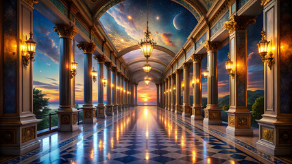 Fototapeta premium Architectural fantasy perspective of a luxurious corridor with sunset and starry sky