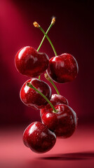 Falling sweet cherries on red background. Fruit textures and culinary backdrop concept. Food shot for wallpaper, poster