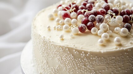 All white vanilla cake with frozen white currants and edible pearl accents glacial styling isolated on pure white backdrop overlay cut out on isolated transparent removed background
