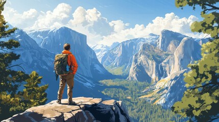 Hiker on a Mountaintop Overlooking a Breathtaking Valley