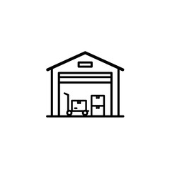 Warehouse with packages and cart in simple black linear style  