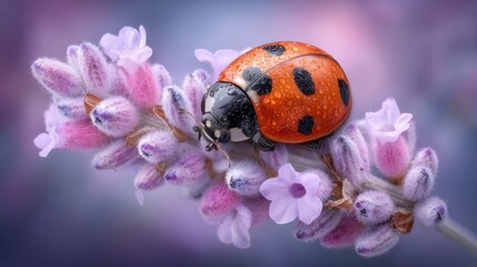 Orange ladybug on pink lavender flower