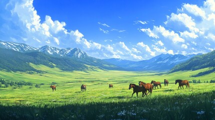 Horses Grazing in a Lush Green Meadow with Mountain Background