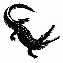 Black silhouette shows an alligator with an open mouth ready to strike on the white background
