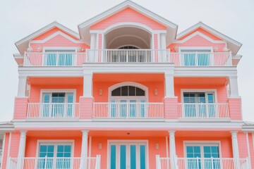Obraz premium A cloudy day view of the beach and ocean in Seaside, Florida, features a wooden house tower showcasing new urbanism and pastel pink architecture design