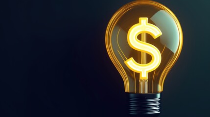 Yellow light bulb with dollar sign inside on dark blue background, conceptual finance symbol, energy investment idea, bright savings metaphor.