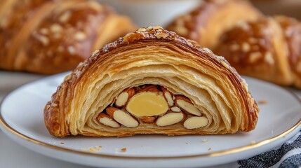 Almond croissant cross section with marzipan center French bakery style overlay cut out on isolated transparent removed background
