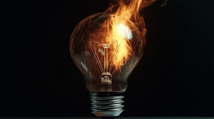 3D burning light bulb with glowing filament on black steel background, dramatic warm glow, minimalistic scene emphasizing intense illumination and contrast.