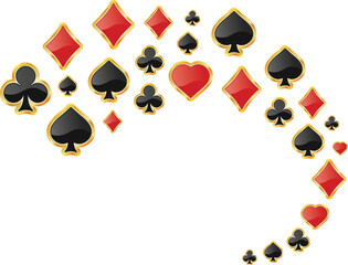 Crayon drawn poker card suits: hearts, clubs, spades and diamonds. Hand drawn vector card suite elements isolated on white background. Red and black playing symbols. Pencil or chalk doodle drawing.