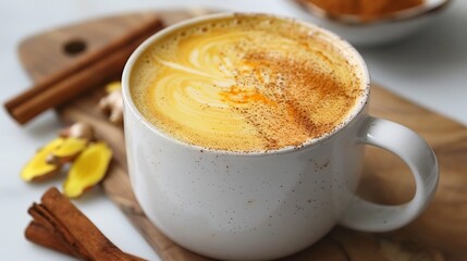 Almond milk latte with turmeric and cinnamon in white mug wellness drink flat lay overlay cut out on isolated transparent removed background