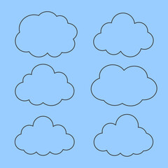 Obraz premium Vector set of basic cloud outlines in cartoon style on blue background. Use for kids' weather illustrations, education, or decor.