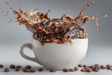Coffee cup overflowing with rich dark liquid, creating dynamic splash effect, surrounded by scattered coffee beans, capturing the essence of a vibrant beverage experience