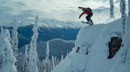 Snowboarder Jumping off Mountain Peak