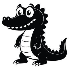Cartoon alligator stands happily in black and white with big eyes and a charming smile