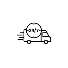 Delivery truck icon with 24/7 clock symbol for fast service  