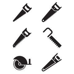 A set of isolated black silhouette construction and beauty tools, including a comb, brush, screw, and bolt