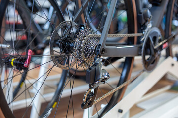 on rear transmission of bicycle. Racing bike cassette, precision internal thread cassette made of high-strength steel for cycling.E-bike gear.Bike parts detail.n