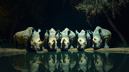 Seven Rhinos Drinking at Night, Wildlife Conservation