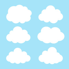 White clouds set in cute cartoon flat style on pastel blue background vector illustration. Clouds for decoration. Clouds elements for newborn, nursery, stickers