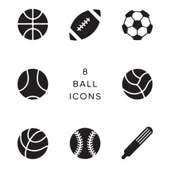 Fototapeta premium A comprehensive vector set of sports icons featuring various balls for football, basketball, soccer, tennis, and more, ideal for game and equipment illustrations