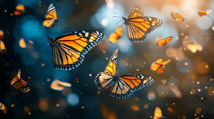 Flying Monarch Butterflies in a Dark Blue and Green Background