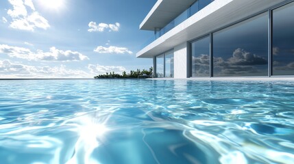 Fototapeta premium A stock image of a luxurious white beach house complete with a lavish swimming pool under the blue sky and clouds