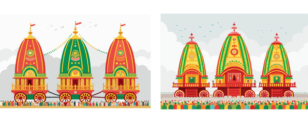 Vibrant flat illustration of Ratha Yatra with three decorated temple chariots in a spiritual and cultural parade celebrating devotion and tradition, Festive digital artwork showcasing Ratha Yatra 